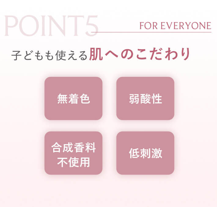 POINT5 子どもも使える肌へのこだわり(無着色、弱酸性、合成香料不使用、低刺激）