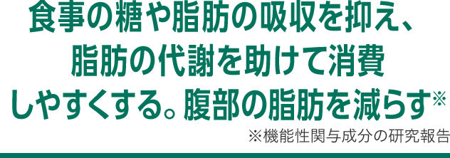 食事の糖や脂肪の吸収を抑え、脂肪の代謝をアシスト。腹部の脂肪を減らす