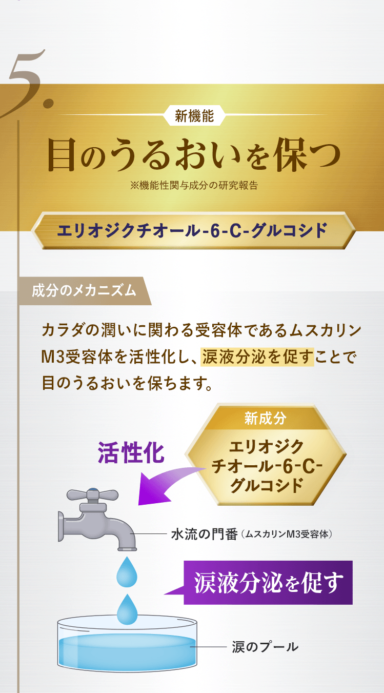 5.目のうるおいを保つ※機能性関与成分の研究報告 成分のメカニズム カラダの潤いに関わる受容体であるムスカリンM3受容体を活性化し、涙液分泌を促すことで目のうるおいを保ちます。