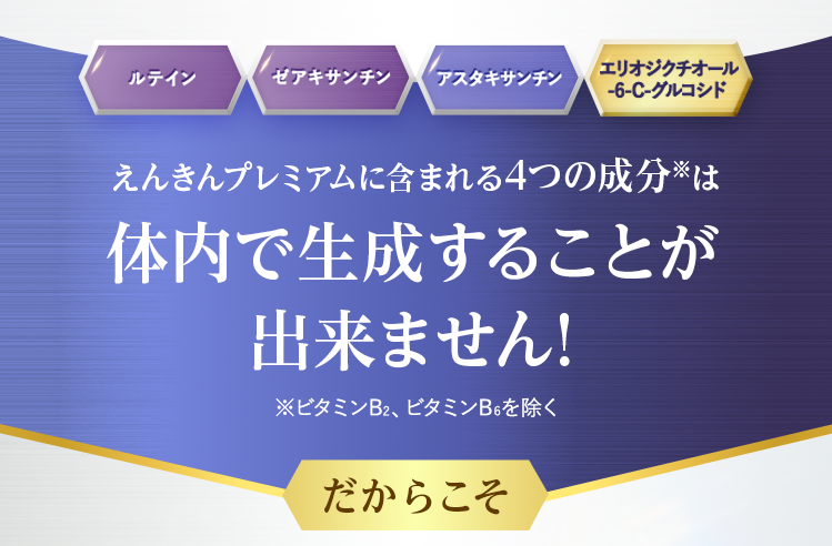 えんきんプレミアムに含まれる4つの成分※は体内で生成することが 出来ません！※ビタミンB2、ビタミンB6を除くだからこそ