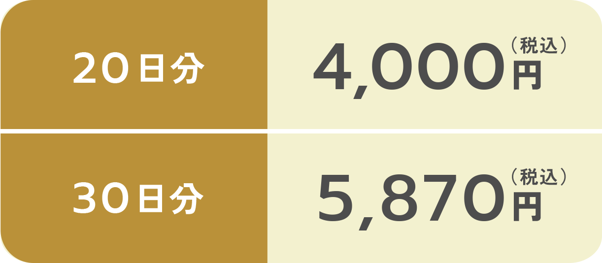 20日分 4,000円（税込） 30日分 5,870円（税込）