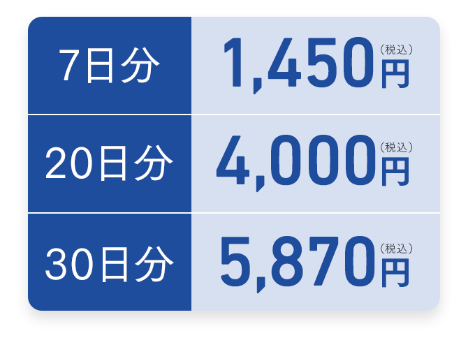 7日分 1,450円(税込)/20日分 4,000円(税込)/30日分 5,870円(税込)