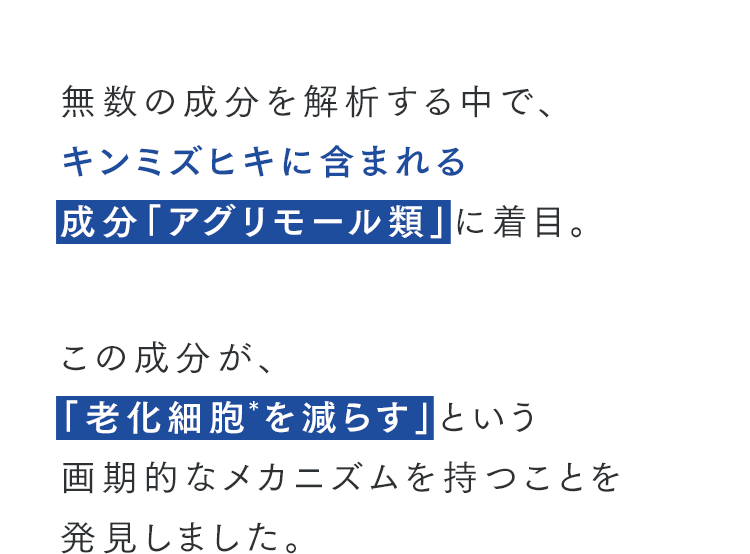 無数の成分を解析する中で、キンミズヒキに含まれる成分「アグリモール類」に着目。この成分が、「老化細胞を減らす」という画期的なメカニズムを持つことを発見しました。