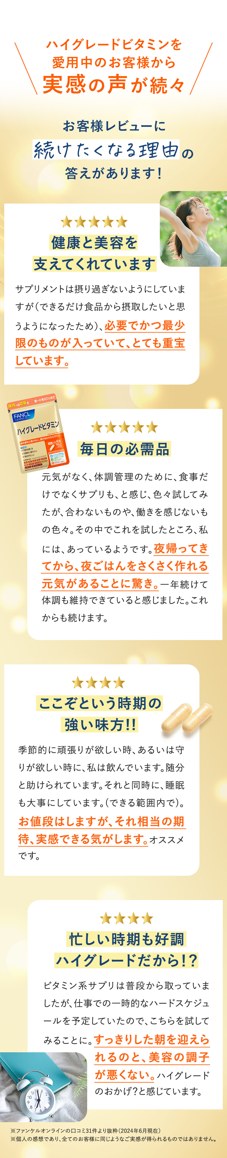 ハイグレードビタミンを愛用中のお客様から実感の声が続々　お客様レビューに続けたくなる理由の答えがあります！