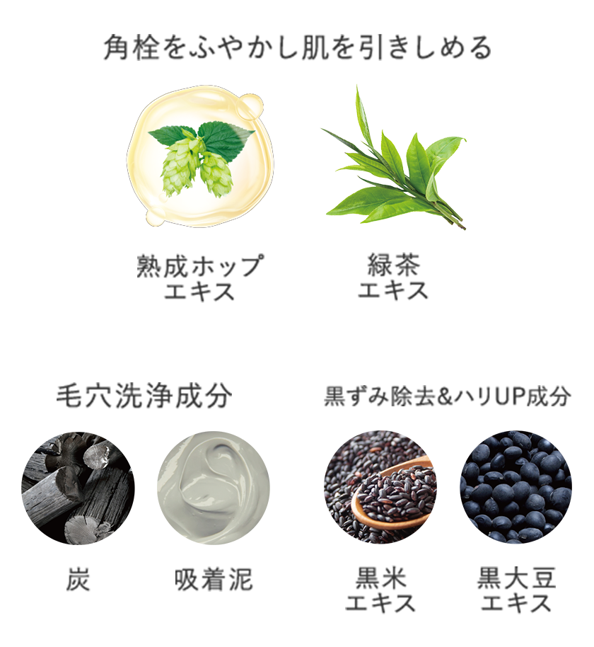 角栓をふやかし肌を引きしめる/毛穴洗浄成分/黒ずみ除&ハリUP去成分