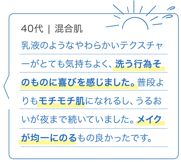 40代 混合肌乳液のようなやわらかいテクスチャーがとても気持ちよく、洗う行為そのものに喜びを感じました。普段よりもモチモチ肌になれるし、うるおいが夜まで続いていました。メイクが均一にのるものよかったです。