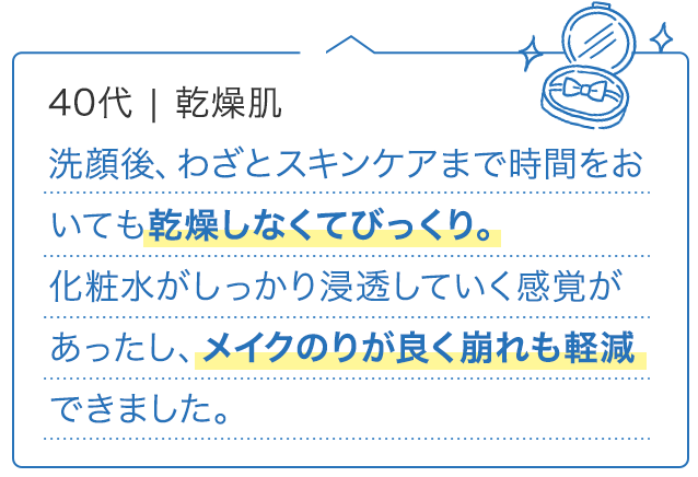 40代 乾燥肌/洗顔後、わざとスキンケアまで時間をおいても乾燥しなくてびつくり。化粧水がしつかり浸透していく感覚があったし、メイクのりが良く崩れも軽減できました。