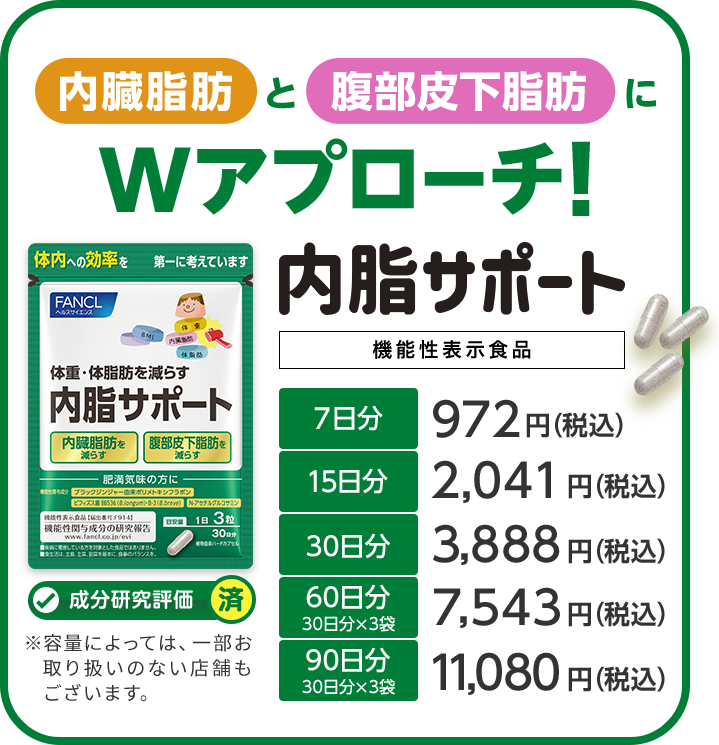 内臓脂肪と腹部皮下脂肪にWアプローチ! 内脂サポート 機能性表示食品 成分研究評価済 7日分972円（税込） 15日分2,041円（税込） 30日分3,888円（税込） 60日分（30日分×2袋）7,543円（税込） 90日分（30日分×3袋）11,080円（税込）※容量によっては、一部お取り扱いのない店舗もございます。