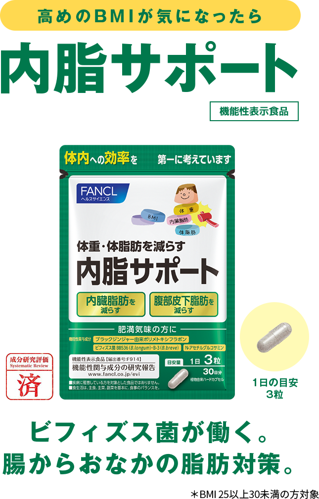 高めのBMIが気になったら 内脂サポート 機能性表示食品 ビフィズス菌が働く。腸からおなかの脂肪対策。成分研究評価済 1日の目安3粒 ＊BMI 25以上30未満の方対象