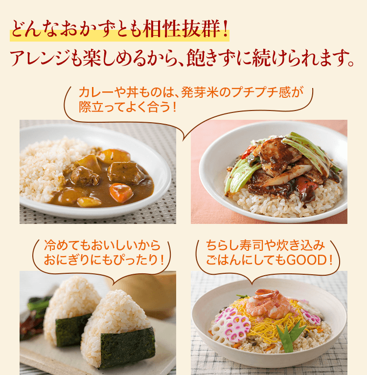 どんなおかずとも相性抜群！アレンジも楽しめるから、飽きずに続けられます。 カレーや丼ものは、発芽米のプチプチ感が際立ってよく合う！ 冷めてもおいしいからおにぎりにもぴったり！ ちらし寿司や炊き込みごはんにしてもGOOD！