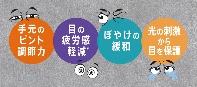 【手元のピント調整力】【目の疲労感軽減*】【ぼやけの緩和】【光の刺激から目を保護】