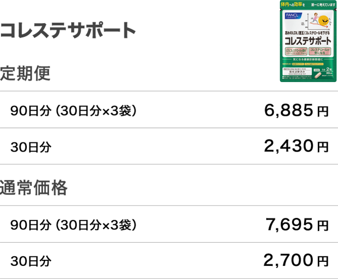 コレステサポート 90日分（30日分×3袋）6,885円 30日分 2,430円 通常価格 90日分（30日分×3袋）7,695円 30日分 2,700円