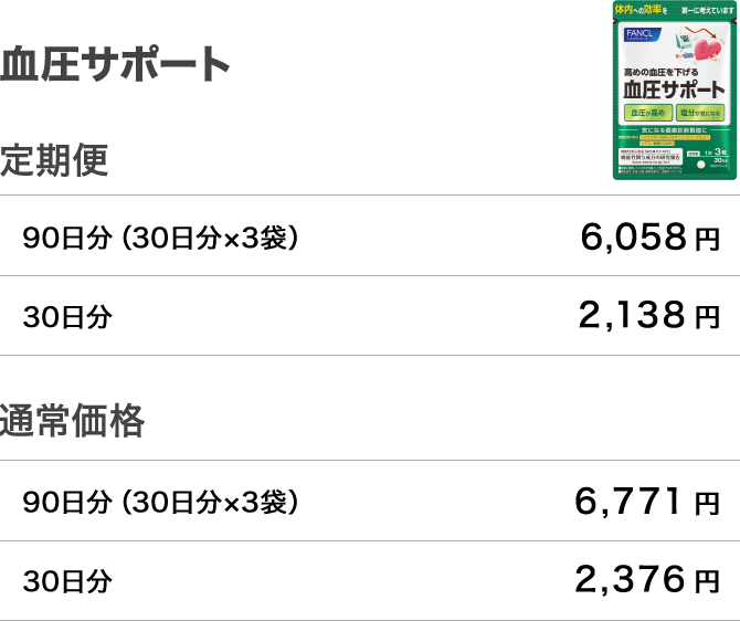 血圧サポート 定期便 90日分（30日分×3袋）6,058円 30日分 2,138円 通常価格 90日分（30日分×3袋）6,771円 30日分 2,376円