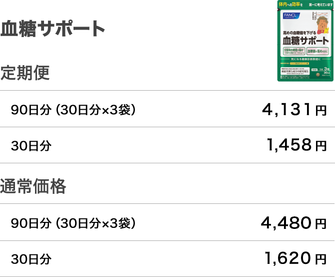 血糖サポート 定期便 90日分（30日分×3袋）4,131円 30日分 1,458円 通常価格 90日分（30日分×3袋）4,320円 30日分 1,620円