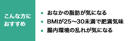 こんな方におすすめ おなかの脂肪が気になる BMIが25～30未満で肥満気味 腸内環境の乱れが気になる