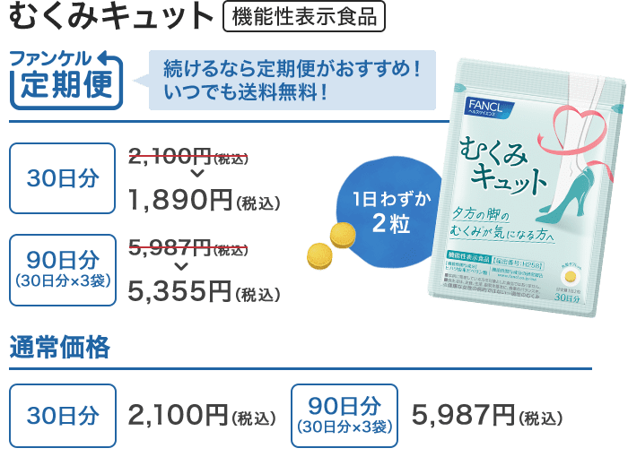 むくみキュット 機能性表示食品 1日わずか2粒 続けるなら定期便がおすすめ！いつでも送料無料！ ファンケル定期便 30日分 2,100円（税込）→ 1,890円（税込） 90日分（30日分×3袋） 5,987円（税込）→5,355円（税込） 通常価格 30日分 2,100円（税込） 90日分（30日分×3袋） 5,987円（税込）