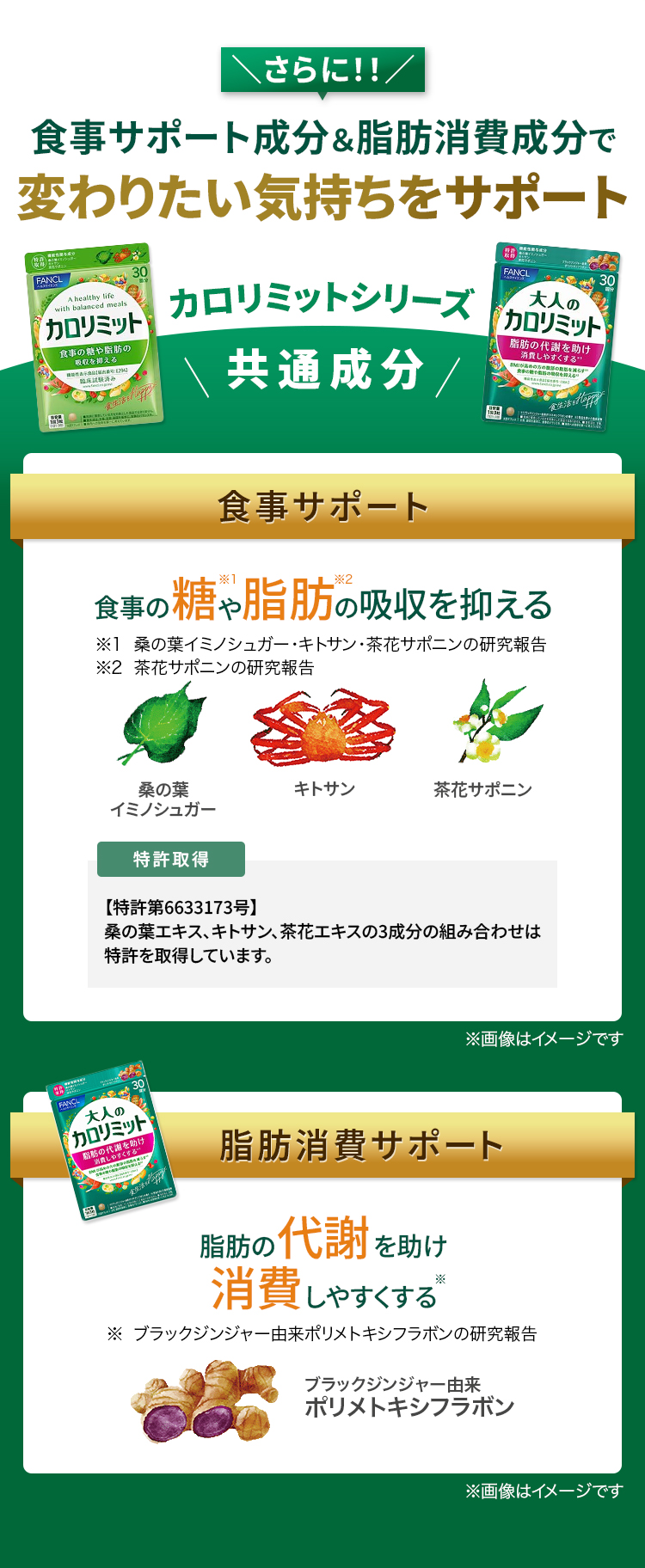 もちろんカロリミット・大人のカロリミットのこだわり成分も配合 食事サポート 脂肪消費サポート