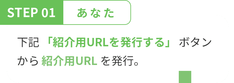 STEP 01 あなた 下記 「紹介用URLを発行する」 ボタンから 紹介用URL を発行。