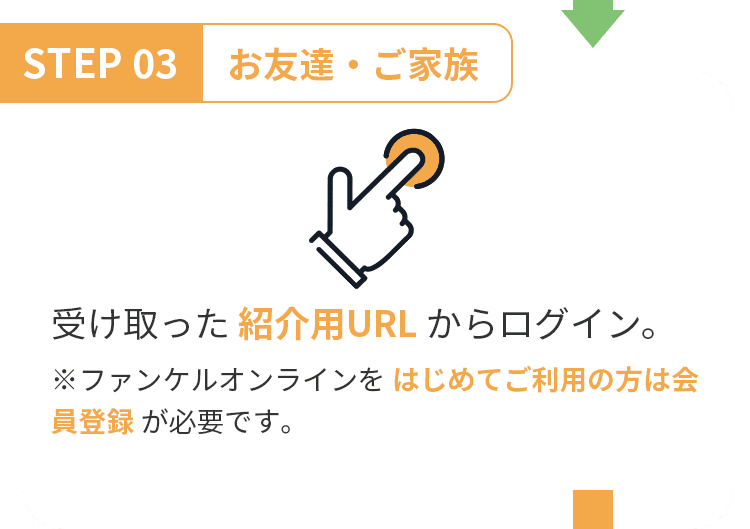 STEP 03 お友達・ご家族 受け取った 紹介用URL からログイン。 ※ファンケルオンラインをはじめてご利用の方は会員登録が必要です。