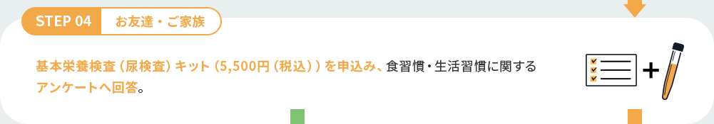 STEP 04 お友達・ご家族 基本栄養検査（尿検査）キット（5,500円（税込））を申込み、食習慣・生活習慣に関するアンケートへ回答。