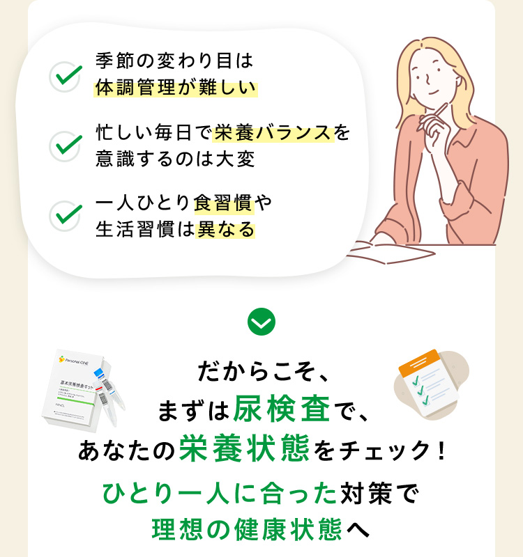 季節の変わり目は体調管理が難しい 忙しい毎日で栄養バランスを意識するのは大変 一人ひとり食習慣や生活習慣は異なる だからこそ、まずは尿検査で、あなたの栄養状態をチェック！ひとり一人に合った対策で理想の健康状態へ