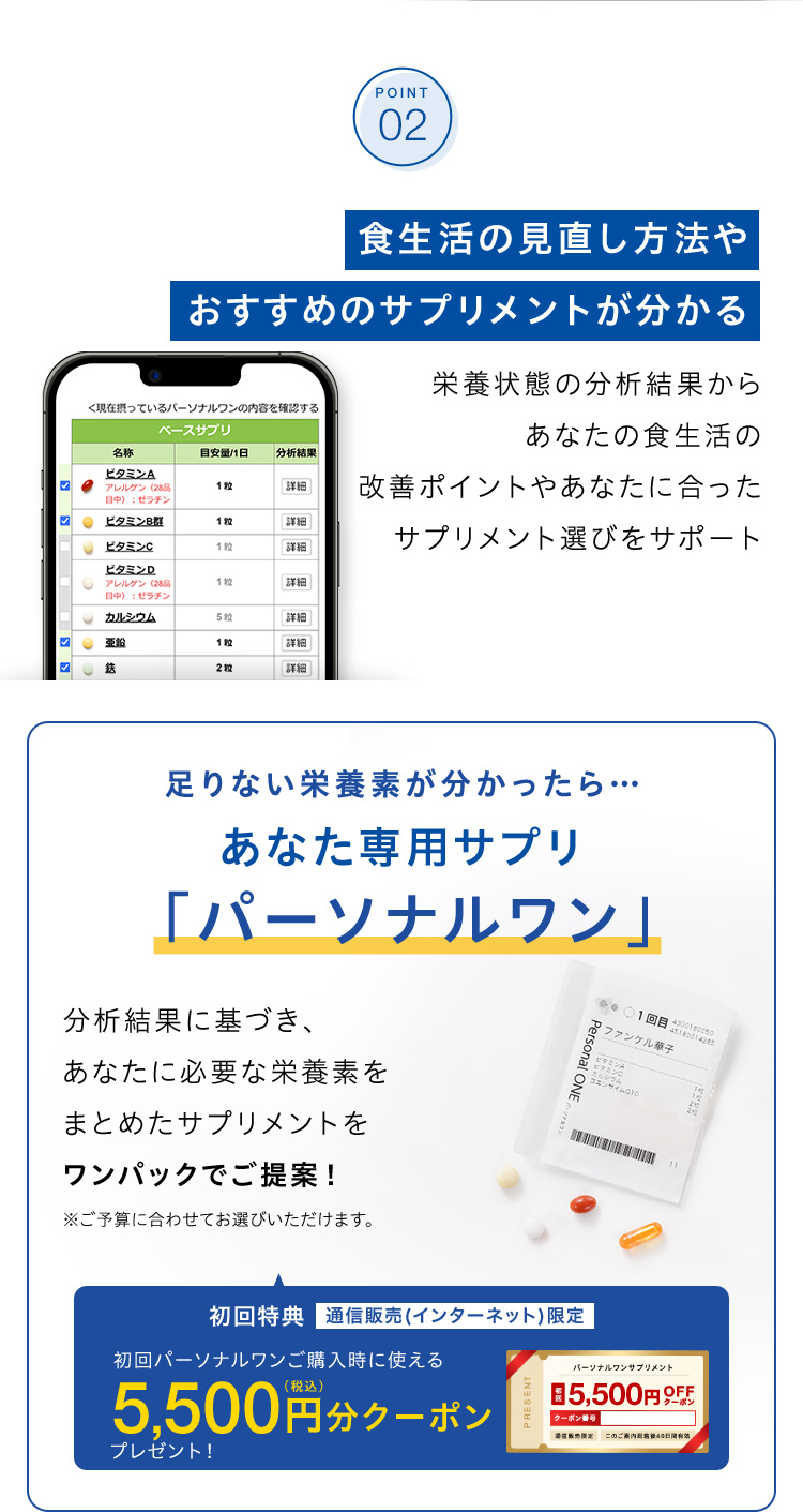 POINT 02 食生活や健康についてアドバイス 栄養状態の分析結果からあなたの食生活やおすすめのサプリメントをアドバイス