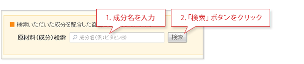 1. 成分名を入力　2.「検索」ボタンをクリック