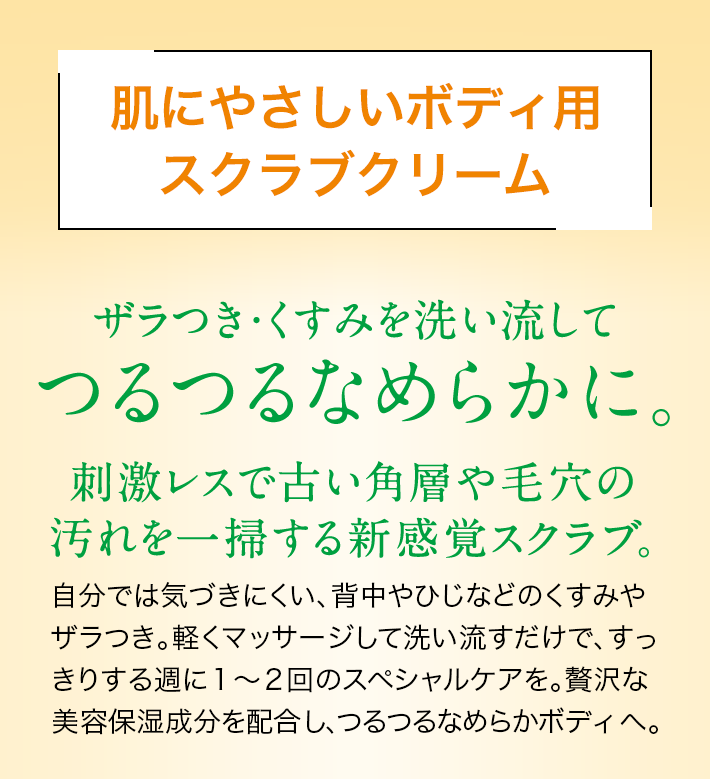 昨夏大人気！ 肌にやさしいボディ用スクラブクリーム今年も登場！ザラつき・くすみを洗い流してつるつるなめらかに。刺激レスで古い角層や毛穴の汚れを一掃する新感覚スクラブ。自分では気づきにくい、背中やひじなどのくすみやザラつき。軽くマッサージして洗い流すだけで、すっきりする週に１〜２回のスペシャルケアを。贅沢な美容保湿成分を配合し、つるつるなめらかボディへ。