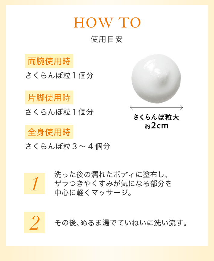 HOW TO 使用目安 両腕使用時：さくらんぼ粒１個分、片脚使用時：さくらんぼ粒１個分、全身使用時：さくらんぼ粒３～4個分、さくらんぼ粒大：約２cm　1.洗った後の濡れたボディに塗布し、ザラつきやくすみが気になる部分を中心に軽くマッサージ。　2.その後、ぬるま湯でていねいに洗い流す。