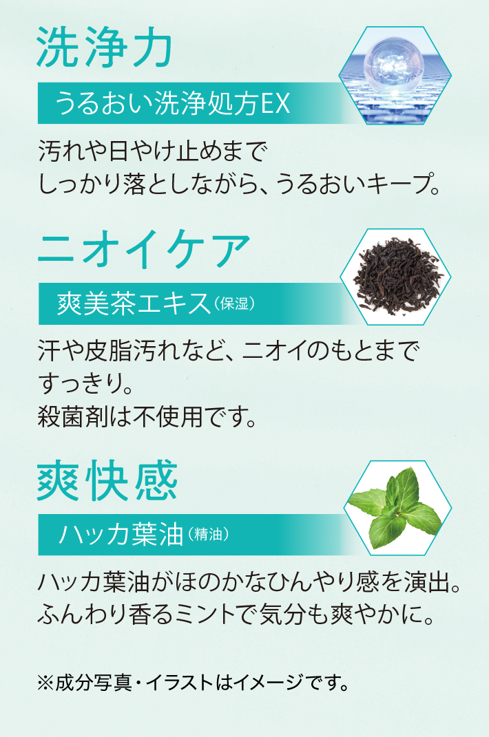 洗浄力 うるおい洗浄処方EX 汚れや日やけ止めまでしっかり落としながら、うるおいキープ。