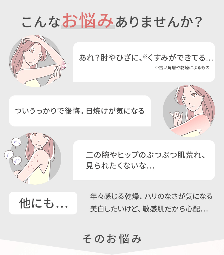 こんなお悩みありませんか? あれ?肘やひざに、※くすみができてる… ※古い角層や乾燥によるもの ついうっかりで後悔。日焼けが気になる 二の腕やヒップのぶつぶつ肌荒れ、見られたくないな… 他にも… 年々感じる乾燥、ハリのなさが気になる 美白したいけど、敏感肌だから心配… そのお悩み