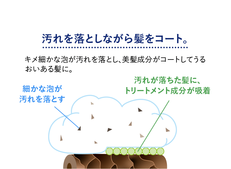 汚れを落としながら髪をコート。 キメ細かな泡が汚れを落とし、美髪成分がコートしてうるおいある髪に。