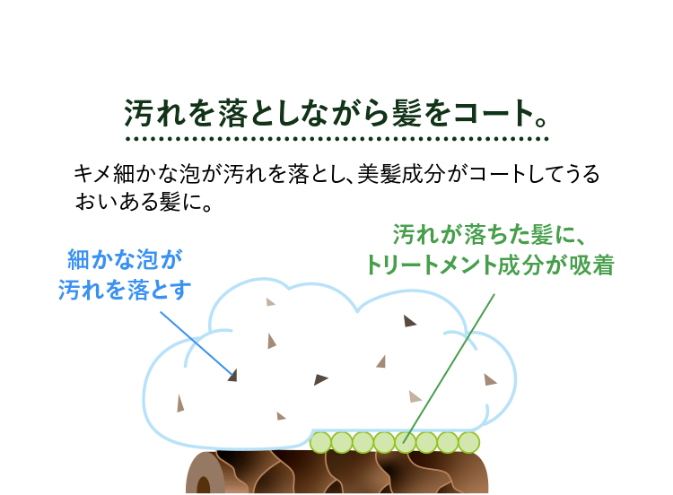 汚れを落としながら髪をコート。 キメ細かな泡が汚れを落とし、美髪成分がコートしてうるおいある髪に。