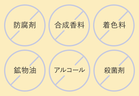 防腐剤不使用・香料不使用・着色料不使用・鉱物油不使用・アルコール不使用・殺菌剤不使用