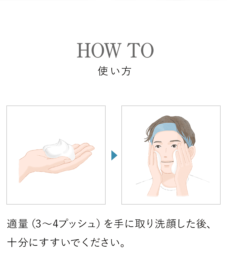 使い方　適量（3～4プッシュ）を手に取り洗顔した後、十分にすすいでください。