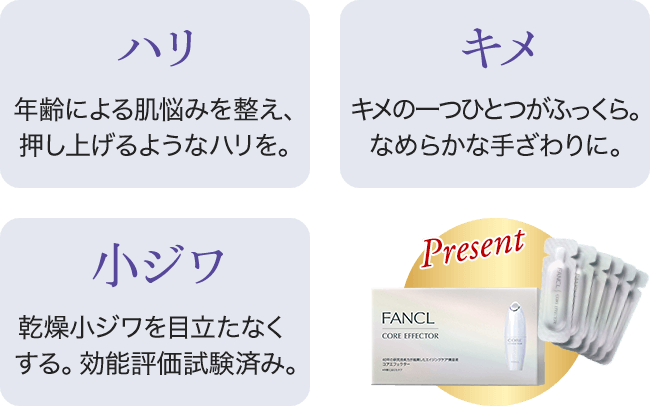 ハリ 年齢による肌悩みを整え、押し上げるようなハリを。 キメ キメの一つひとつがふっくら。なめらかな手ざわりに。 小ジワ 乾燥小ジワを目立たなくする。効能評価試験済み。 present