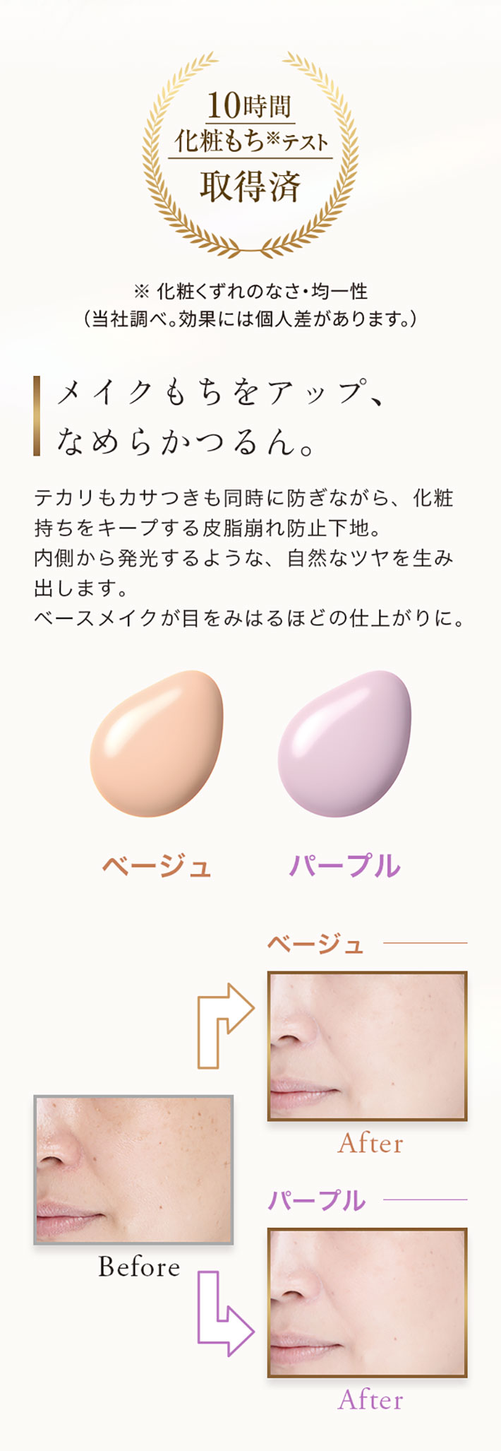 10時間化粧もち※テスト取得済※化粧くずれのなさ·均一性(当社調べ。効果には個人差があります。)メイクもちをアップ、なめらかつるん。