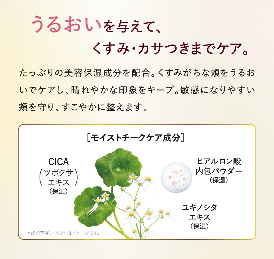 うるおいを与えて、くすみ・カサつきまでケア。たっぷりの美容保湿成分を配合。くすみがちな頬をうるおいでケアし、晴れやかな印象をキープ。敏感になりやすい頬を守り、すこやかに整えます。