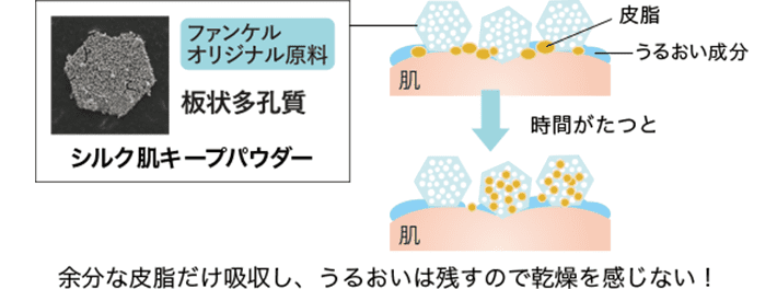 ファンケルオリジナル原料 板状多孔質 シルク肌キープパウダー 皮脂 うるおい成分 肌 時間がたつと 肌 余分な皮脂だけ吸収し、うるおいは残すので乾燥を感じない！