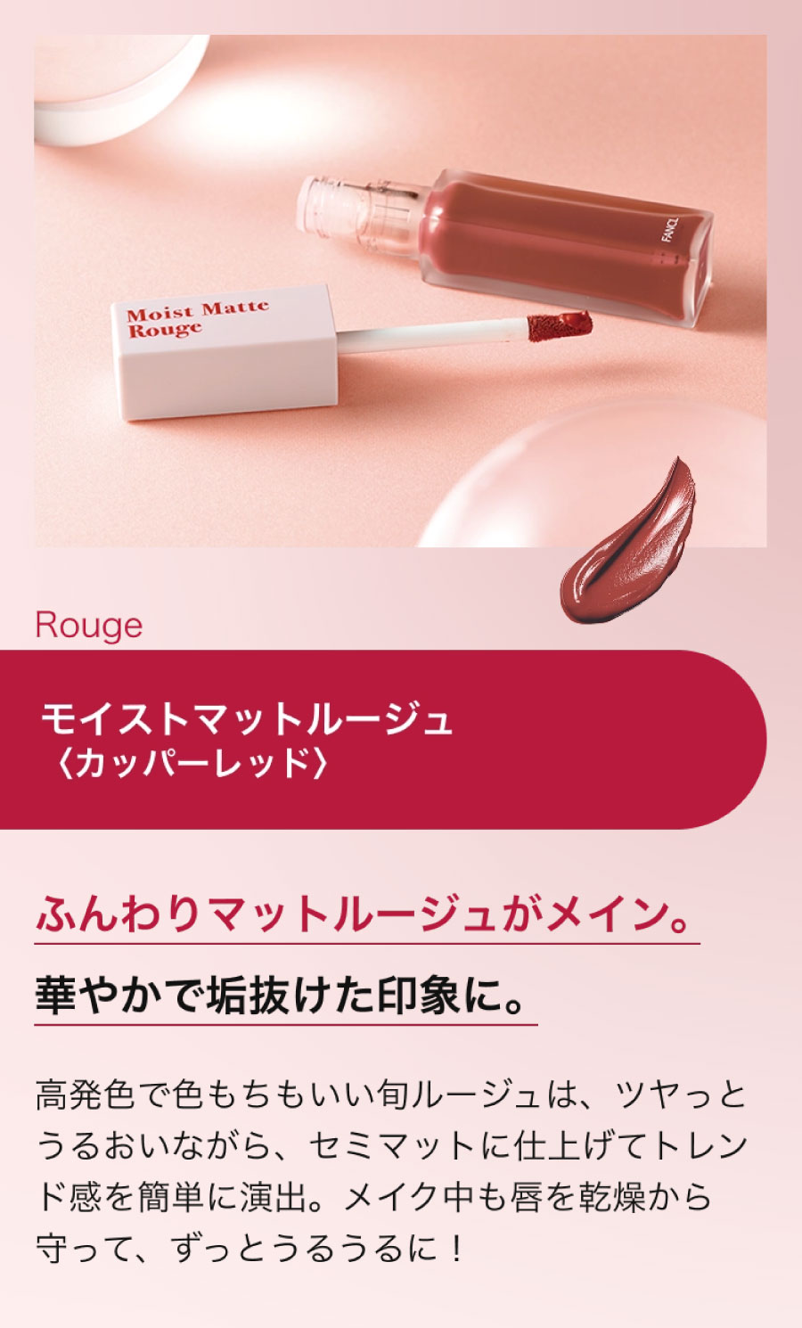 モイストマットルージュ〈カッパーレッド〉。高発色で色もちがよく、うるおいを保ちながらセミマットな仕上がりを叶えるルージュ。