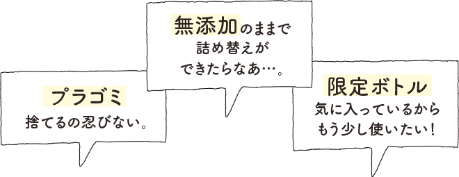 無添加のままで詰め替えができたらなあ…。 プラゴミ捨てるの忍びない。 限定ボトル気に入ってるからもう少し使いたい!