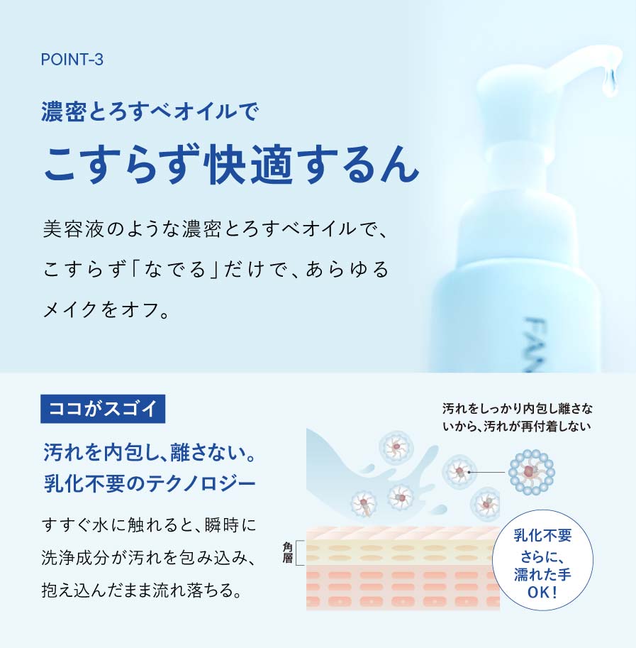 ポイント03.濃密とろすべオイルでこすらず快適するん