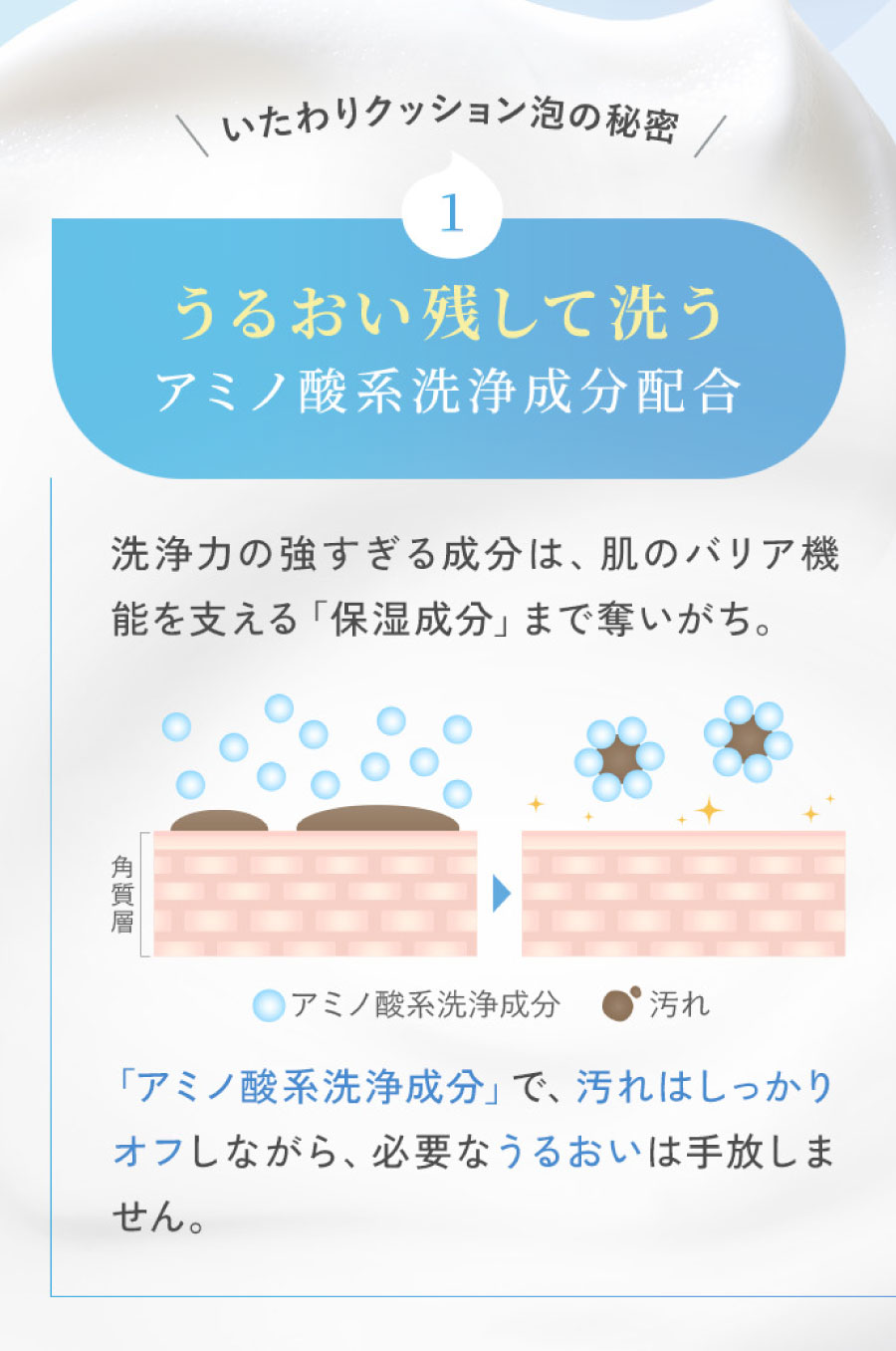 いたわりクッション泡の秘密1 うるおい残して洗うアミノ酸系洗浄成分配合洗浄力の強すぎる成分は、肌のバリア機能を支える「保湿成分」まで奪いがち。「アミノ酸系洗浄成分」で、汚れはしっかりオフしながら、必要なうるおいは手放しません。
