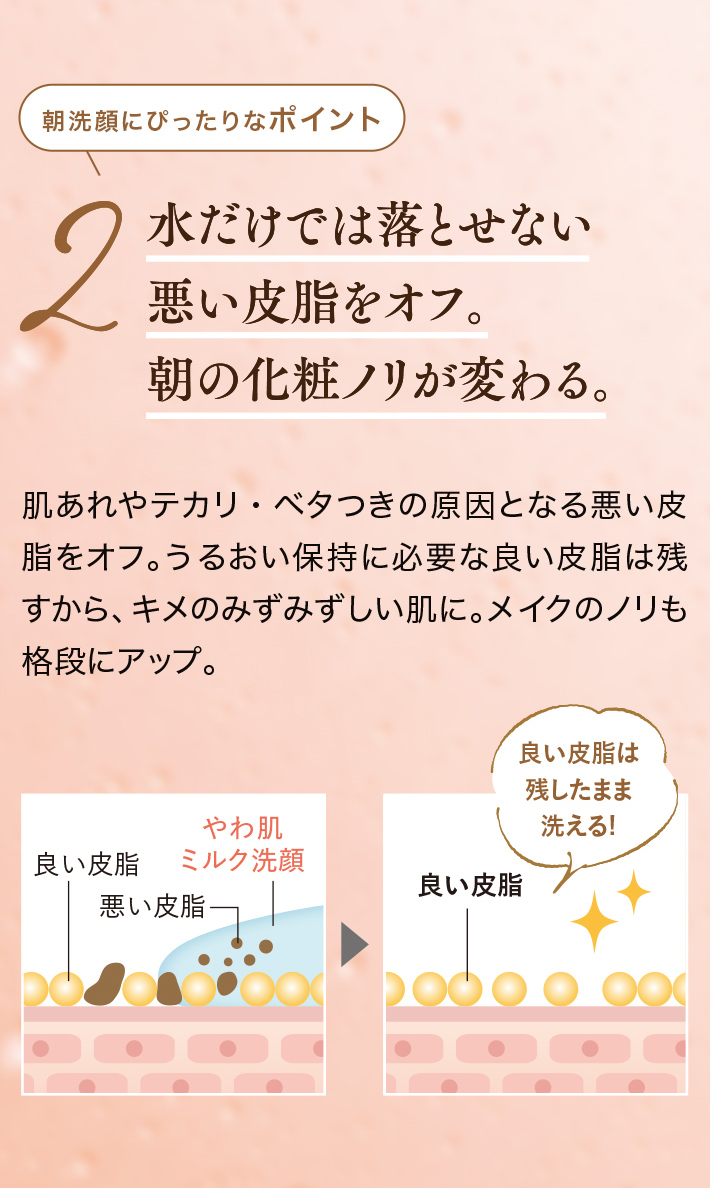 朝洗顔にぴったりなポイント2 水だけでは落とせない悪い皮脂をオフ。朝の化粧ノリが変わる。肌あれやテカリ·ベタつきの原因となる悪い皮脂をオフ。うるおい保持に必要な良い皮脂は残すから、キメのみずみずしい肌に。メイクのノリも格段にアップ。