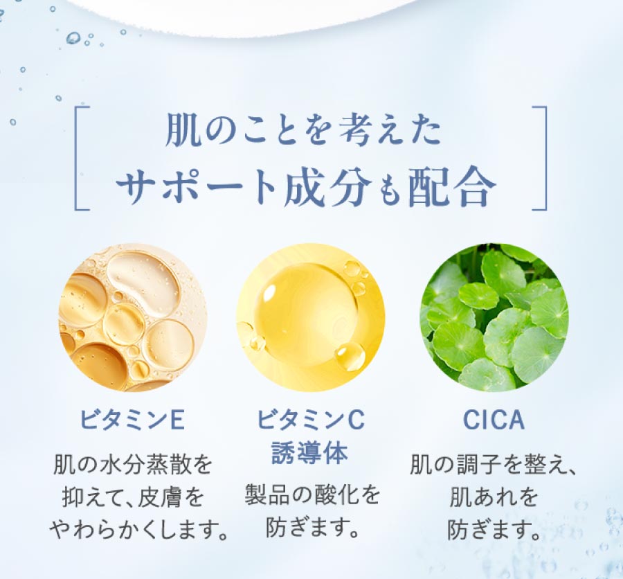 肌のことを考えたサポート成分も配合 ビタミンE・ビタミンC誘導体・CICA