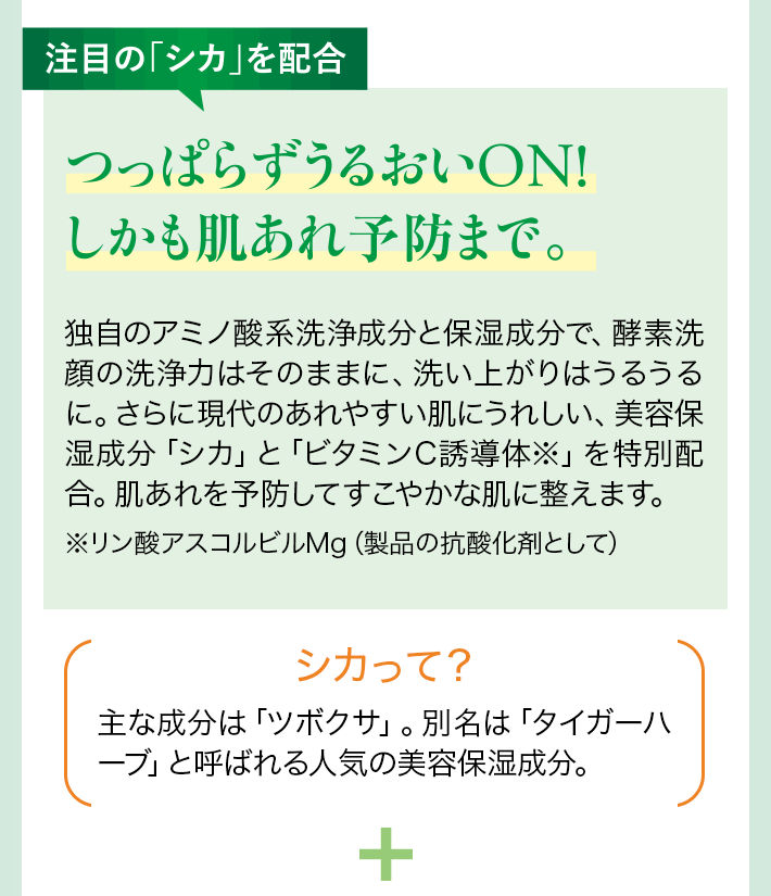 つっぱらずうるおいON！しかも肌荒れ予防まで　独自のアミノ酸系洗浄成分と保湿成分で、酵素洗顔の洗浄力はそのままに、洗い上がりはうるうるに。さらに現代のあれやすい肌にうれしい、美容保湿成分「シカ」と「ビタミンC誘導体※」を特別配合。肌あれを予防してすこやかな肌に整えます。※リン酸アスコルビルMg（製品の抗酸化剤として）