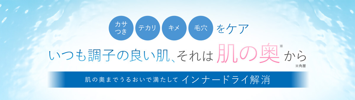 カサつき、テカリ、キメ、毛穴をケア　いつも調子の良い肌、それは肌の奥から 肌の奥までうるおいで満たしてインナードライ解消