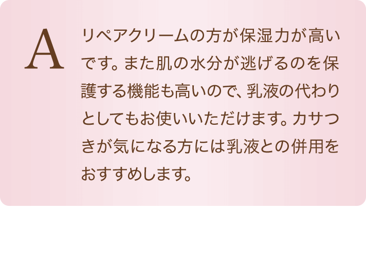 A リペアクリームの方が保湿力が高いです。また肌の水分が逃げるのを保護する機能も高いので、乳液の代わりとしてもお使いいただけます。カサつきが気になる方には乳液との併用をおすすめします。