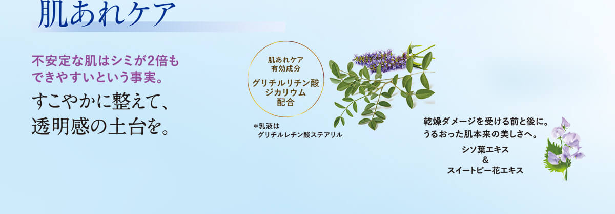 肌あれケア 不安定な肌はシミが2倍もできやすいという事実。すこやかに整えて、透明感の土台を。 肌あれケア有効成分 グリチルリチン酸ジカリウム配合 *乳液はグリチルレチン酸ステアリル 乾燥ダメージを受ける前と後に。うるおった肌本来の美しさへ。シソ葉エキス&スイートピー花エキス