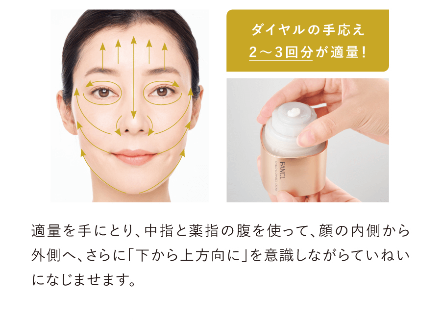 ダイヤルの手応え２〜３回分が適量！適量を手にとり、中指と薬指の腹を使って、顔の内側から外側へ、さらに「下から上方向に」を意識しながらていねいになじませます。